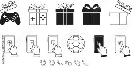 Black and white outline and solid icon set with gifts game controller smartphone touch gestures calls and soccer
