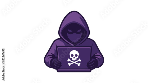Anonymous hacker in a hooded jacket with a skull symbol on a laptop, representing cybercrime and digital threat.