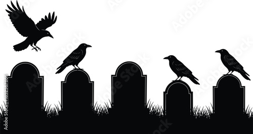 Graveyard silhouette vector illustration, black icons, gravestones with crows, eerie Halloween scene, isolated spooky artwork, mourning design