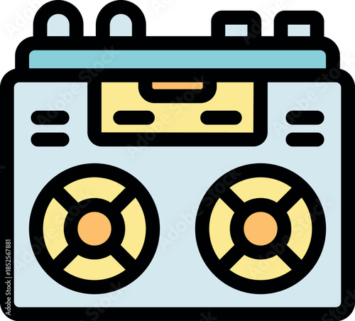 Colorful boombox illustration featuring circular speakers and retro elements