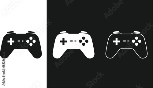 Game controller icons in black and white solid, outline and inverted styles isolated on contrasting backgrounds
