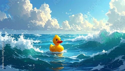A yellow rubber bird floats amid choppy waves under a fluffy sky
