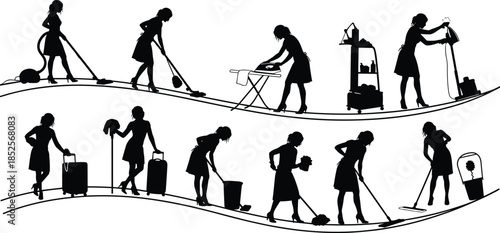housekeeping, cleaning, chores, silhouette, woman, tasks, vacuuming, dusting, ironing, mopping, black, white, icon, illustration, vector, design, symbol, posture, gesture, routine