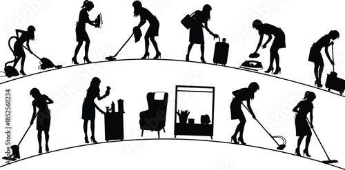 housekeeping, cleaning, silhouette, women, tools, posture, gesture, black, white, icon, illustration, vector, design, symbol, domestic, labor, activity, motion, hygiene, effort