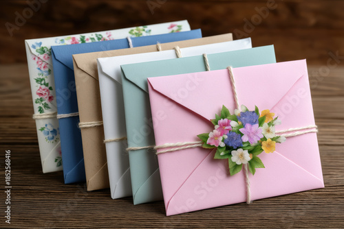 Pastel envelope floral envelope gift card greeting card birthday card wedding invitation thank you card love letter rustic twine wooden table Pastel envelope floral envelope gift card greeting
