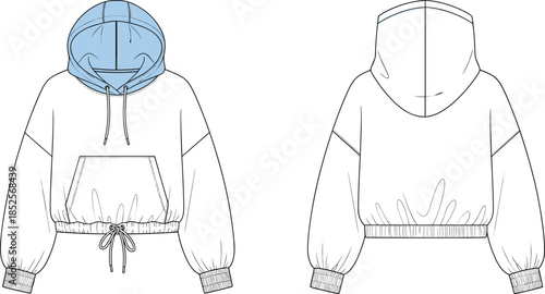 Technical fashion flat illustration of cropped hoodie with drawstring waist kangaroo pocket front back views apparel