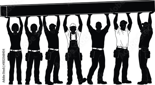 Construction workers teamwork lifting heavy beam, unity strength labor force, industrial collaboration silhouette, group effort cooperation, cad drawing flat vector illustration