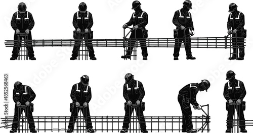 Construction workers tying rebar reinforcement for concrete structures, teamwork labor process, industrial collaboration, civil engineering concept, cad drawing flat vector illustration