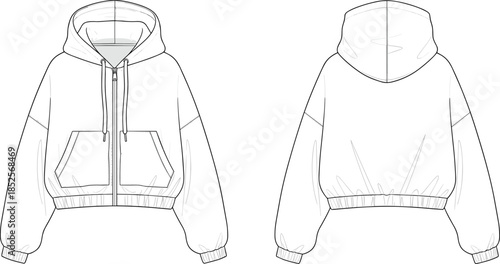 Technical fashion flat illustration of cropped zip up hoodie with elastic hem pockets front back views