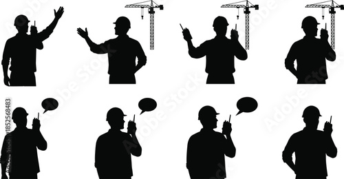 Construction workers using walkie‑talkies with cranes in background, teamwork communication and safety coordination process, cad drawing flat vector illustration