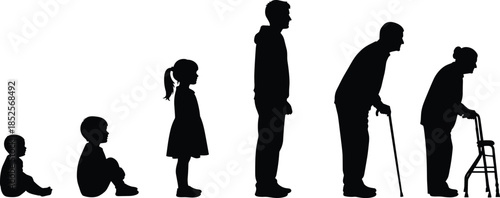 Human life cycle silhouette vector, aging stages icons, baby to elderly progression, black artwork, isolated development design