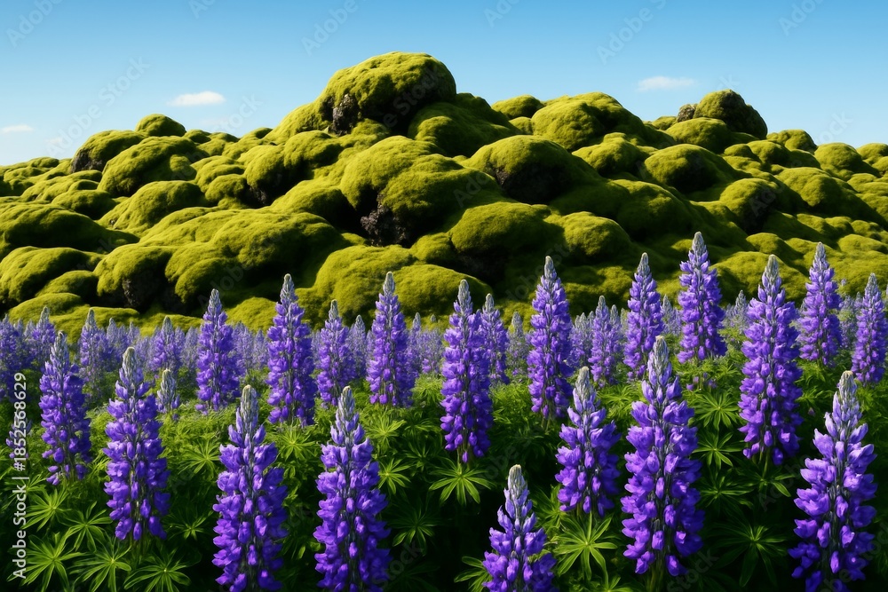 Naklejka premium Purple lupine flowers in full bloom with lush moss-covered hills in the background under a bright blue sky with soft daylight glow. Ai generative