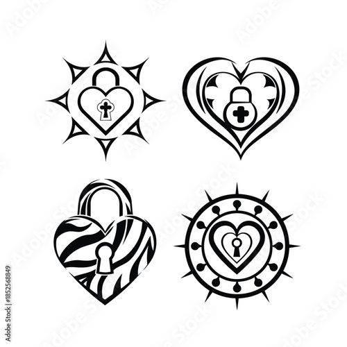 Black and white tattoo designs featuring hearts locks and starbursts