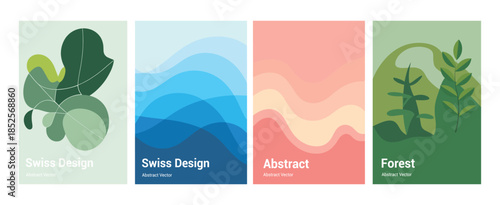Modern Swiss design poster set with abstract organic shapes, dynamic blue waves, and stylized forest illustrations for contemporary covers.