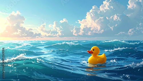 A yellow rubber toy duck floats serenely on ocean waves