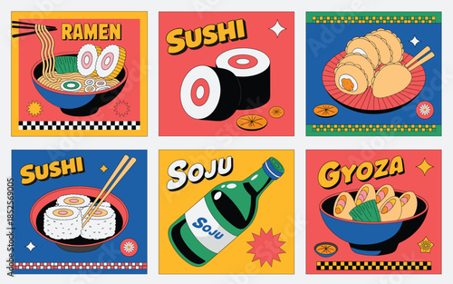 Trendy Pop Art Asian Food Collection featuring Ramen, Sushi, Gyoza, and Soju in a vibrant retro sticker style perfect for modern restaurant menu design.