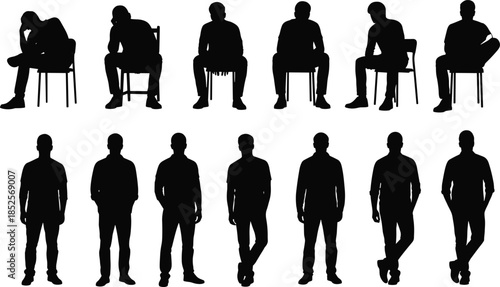 Human silhouettes, seated poses, standing postures, body language, figure illustration, posture analysis, chair sitting, casual stance, anatomy art, gesture drawing