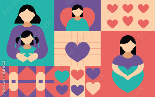 Conceptual flat vector illustration celebrating the nurturing bond of motherhood, featuring a loving embrace, hearts, and the journey of pregnancy.