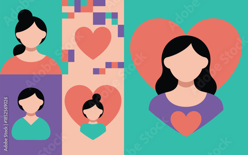 Vibrant flat vector illustration depicting women and children with hearts, celebrating unconditional maternal love, family bonds, and female empowerment concepts.