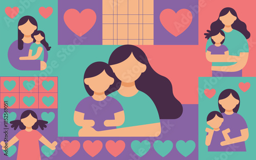Vibrant flat design illustration of a loving mother embracing her young daughter, celebrating family bond, happiness, and unconditional care.