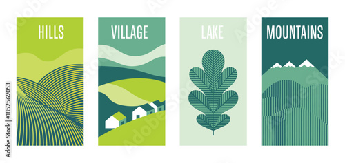 Stylish set of four vertical vector banners illustrating serene natural landscapes: rolling hills, peaceful village, oak leaf, and majestic mountains.