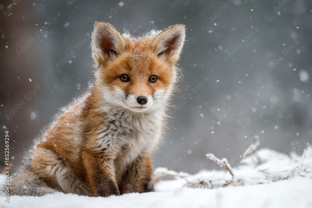 Naklejka premium Cute fox baby sitting in fluffy snow during winter while soft snowflakes fall around in a peaceful natural setting
