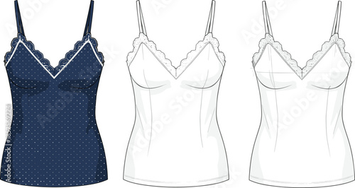 Technical fashion flat illustration of lace trim camisole with bust seams spaghetti straps fitted silhouette front views