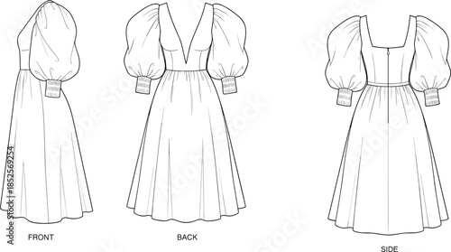 Technical fashion flat illustration of puff sleeve midi dress with deep V neckline front back side views