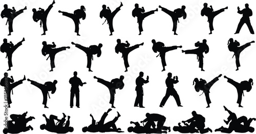 Martial arts silhouette vector set, black icons, kicking, grappling, fighting stances, combat sports artwork, isolated training poses