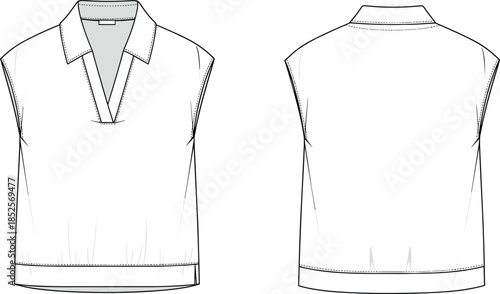 Technical fashion flat illustration of sleeveless collared blouse with V neck placket front back views womenswear apparel