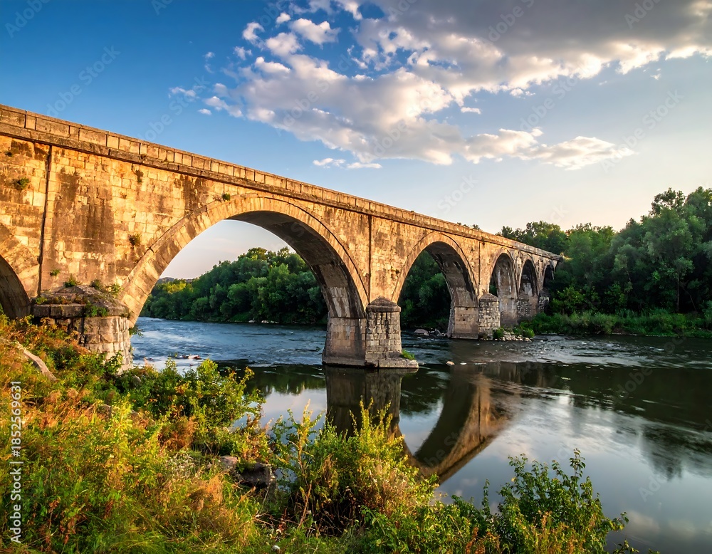 Fototapeta premium A weathered stone bridge gracefully arches over a flowing river