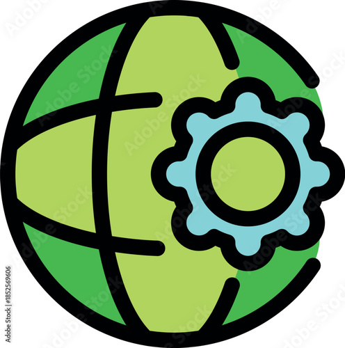 Green globe with light blue gear representing worldwide settings, global configuration, and international options