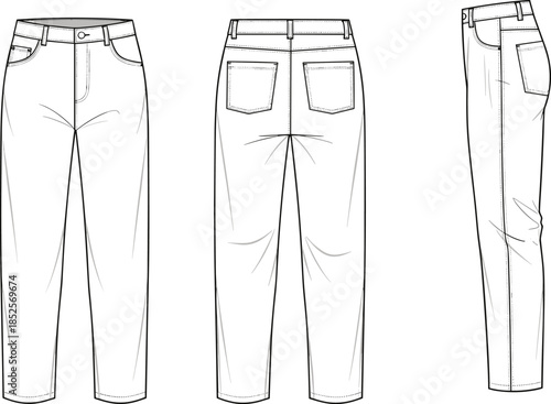 Technical fashion flat illustration of slim fit denim jeans with front back side views apparel design