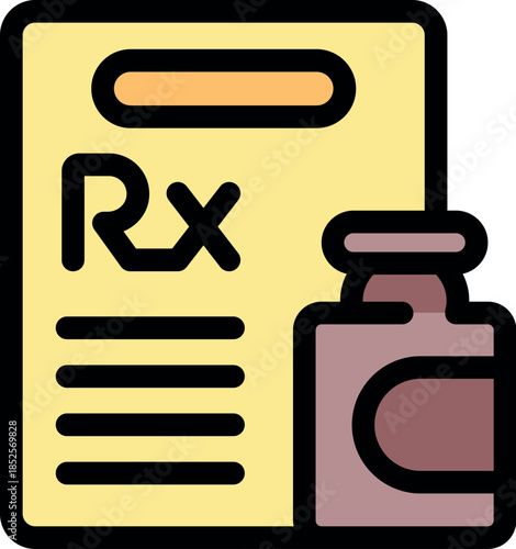 Medical prescription form with rx symbol and a bottle of pills, symbolizing healthcare, pharmaceuticals, and prescribed medication