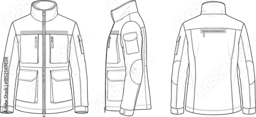 Technical fashion flat illustration of utility jacket with multiple pockets front side and back views