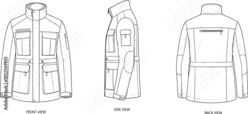 Technical fashion flat illustration of utility field jacket with belt and pockets front side back views