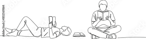 Couple reading books, relaxing together, minimalist drawing, line art illustration, quiet lifestyle, study time, indoor scene, peaceful mood, sitting man, lying woman, learning moment, calm sketch