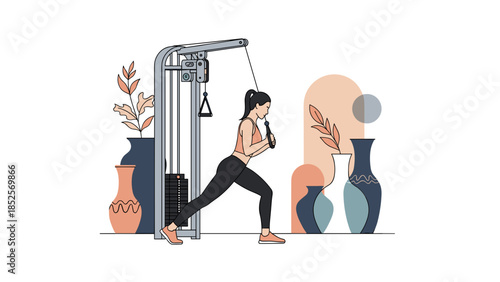 Woman exercising at home with stylish decor around her