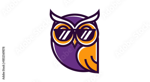 Stylized owl illustration with sunglasses in vibrant colors on white background