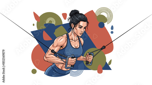 Focused woman engaging in resistance band workout at home