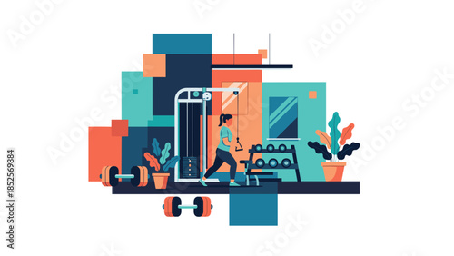 Modern home gym interior with fitness equipment and plants