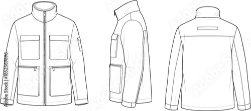Technical fashion flat illustration of utility zip jacket with stand collar patch pockets front side back views