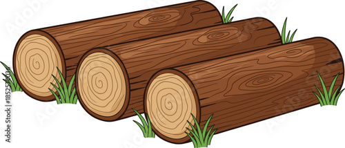 Wood logs vector illustration of stacked brown timber trunks with green grass isolated on white background for forestry industry.