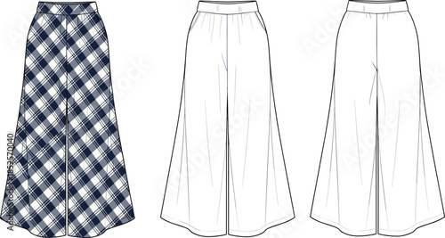 Technical fashion flat illustration of wide leg palazzo pants with plaid pattern front back and line views