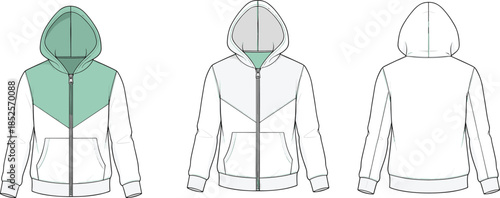 Technical fashion flat illustration of zip hoodie sweatshirt with contrast yoke panels and hood front and back views