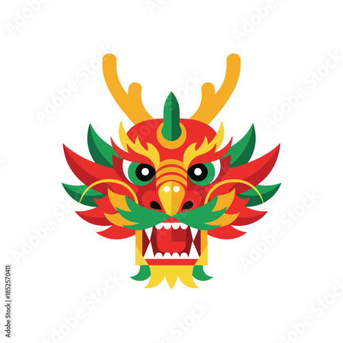 Colorful Dragon Head Illustration in Red and Green with Yellow Accents, chines new year.