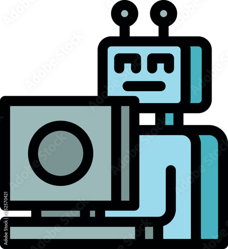 Robot working on desktop computer, symbolizing automation, artificial intelligence, and technological advancement in modern workplaces