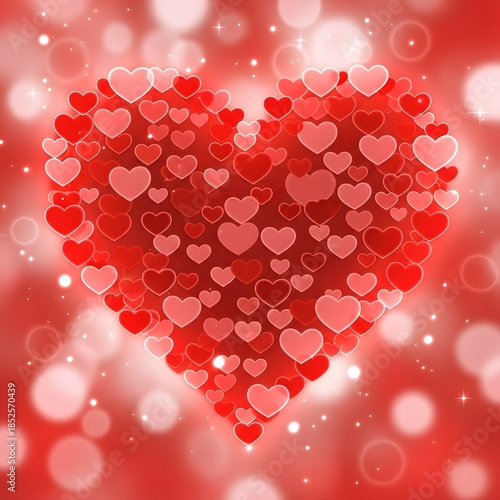 Heart shaped cluster of small hearts on red background