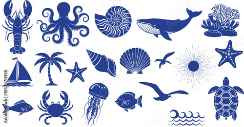 Blue nautical sea life icons set with whale, octopus, lobster, turtle, jellyfish, shells, and summer ocean beach vacation elements.