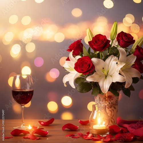 Romantic dinner setup with red roses and wine